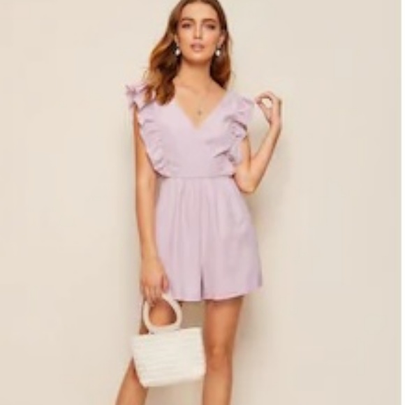 Pants - Lavender ruffle trim v neck romper solid print